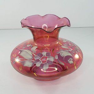Pink Cranberry Glass Vase Handpainted Floral Flower Home Decor Flashed